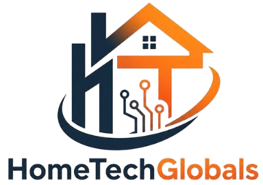 Modern HomeTechGlobals logo featuring orange and navy colors with smart home and digital technology elements