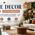 Modern home decor living room with stylish furniture, natural textures, warm lighting, and plants.