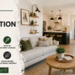 Modern home renovation banner showing stylish living room with design tips, colors, and planning icons