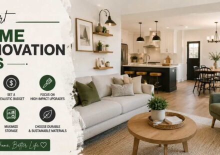 Modern home renovation banner showing stylish living room with design tips, colors, and planning icons