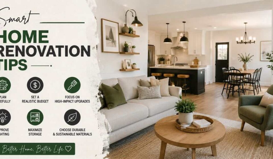 Modern home renovation banner showing stylish living room with design tips, colors, and planning icons
