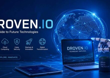Droven.io technology platform illustration featuring AI, cloud computing, cybersecurity, and digital innovation