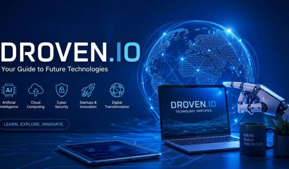 Droven.io technology platform illustration featuring AI, cloud computing, cybersecurity, and digital innovation
