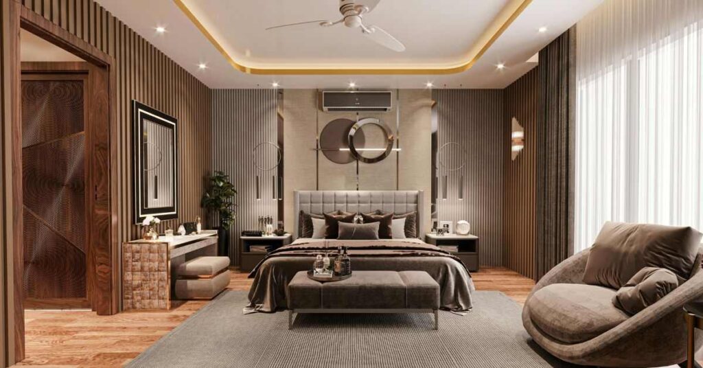 Modern luxury bedroom with elegant wooden accents, stylish lighting, cozy furniture, and contemporary home décor.