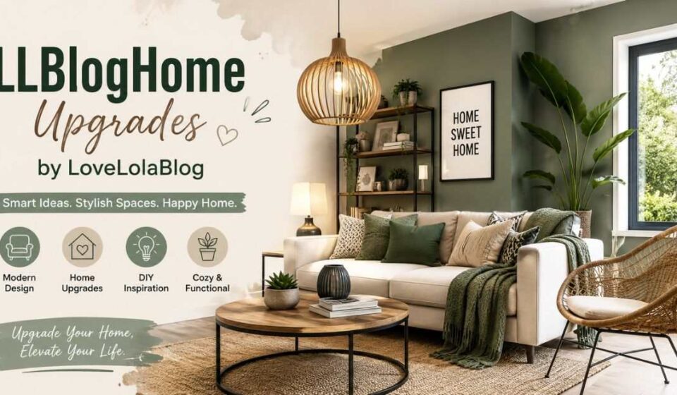 LLBlogHome Upgrades by LoveLolaBlog banner showing a modern living room with stylish home decor and renovation ideas.