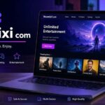 Voomixi com entertainment platform displayed on laptop and smartphone with modern streaming interface and neon theme.