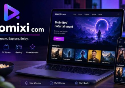 Voomixi com entertainment platform displayed on laptop and smartphone with modern streaming interface and neon theme.