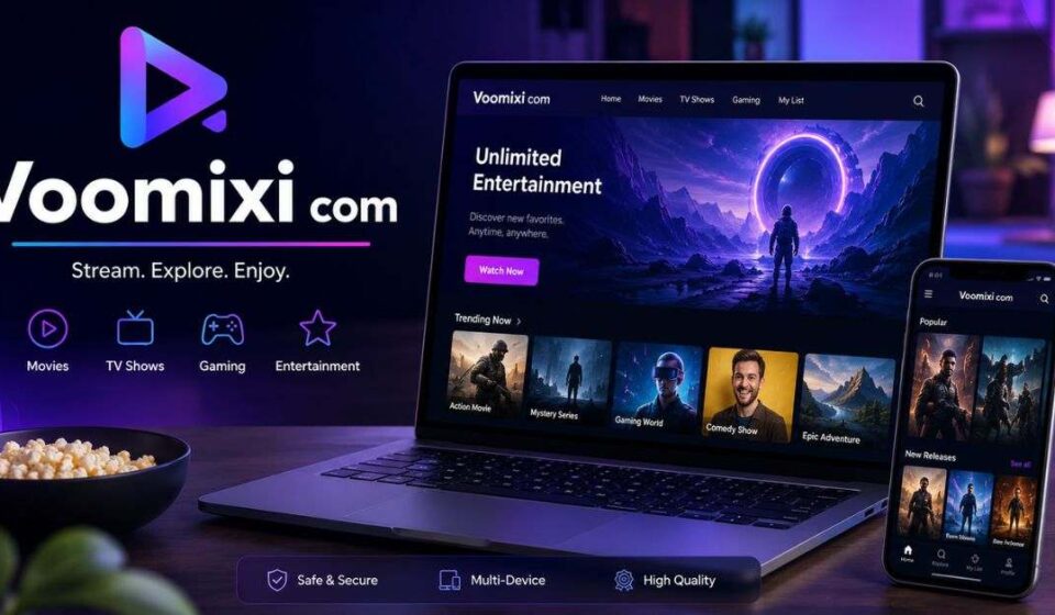 Voomixi com entertainment platform displayed on laptop and smartphone with modern streaming interface and neon theme.