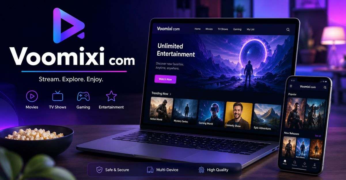 Voomixi com entertainment platform displayed on laptop and smartphone with modern streaming interface and neon theme.