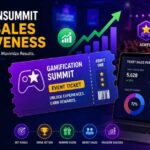 Gamificationsummit ticket sales effectiveness banner with analytics dashboard, event ticket, rewards, and growth.