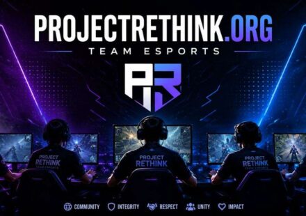 ProjectRethink.org Team Esports banner showing pro gamers, neon arena, teamwork, and gaming setup art.