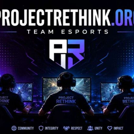 ProjectRethink.org Team Esports banner showing pro gamers, neon arena, teamwork, and gaming setup art.