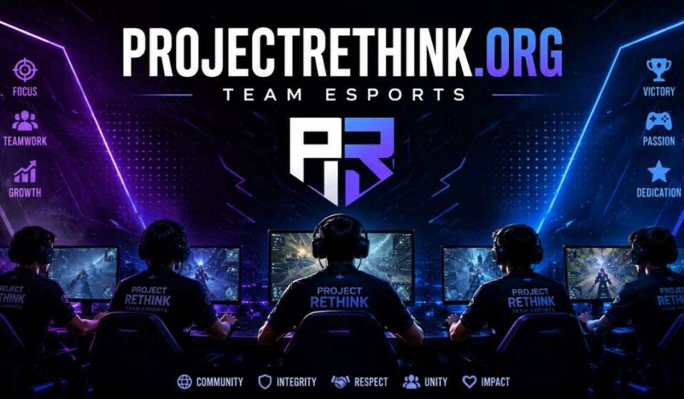 ProjectRethink.org Team Esports banner showing pro gamers, neon arena, teamwork, and gaming setup art.