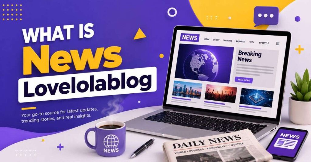 Colorful What is News Lovelolablog banner with laptop, smartphone, newspaper, coffee mug, and plant.