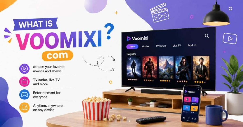 What is Voomixi com illustration featuring smart TV, mobile app, streaming icons, and colorful modern design.