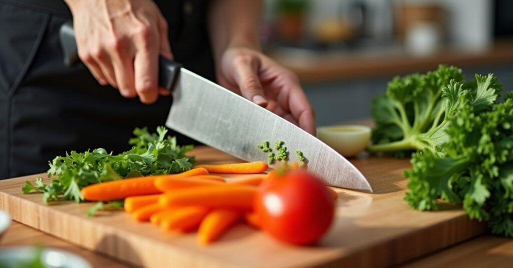 Person chopping fresh vegetables on a wooden cutting board with a chef’s knife in a bright modern kitchen.
