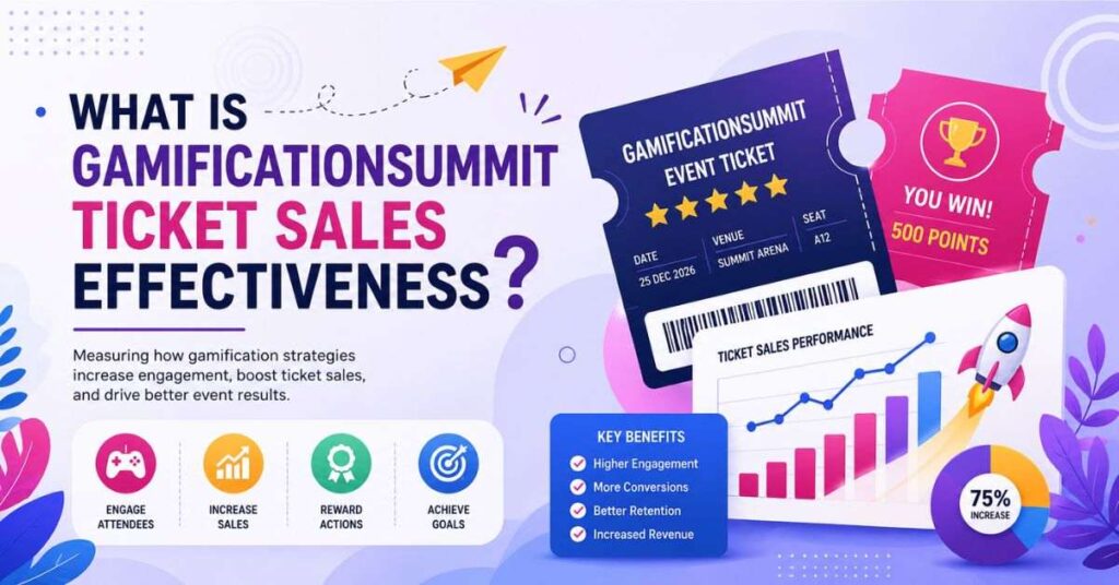 What is gamificationsummit ticket sales effectiveness infographic with tickets, charts, rewards, and event metrics.