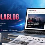 Modern newsroom workspace with laptop, microphone, newspaper, and News Lovelolablog branding banner.