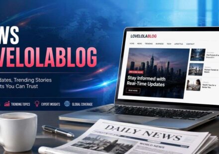 Modern newsroom workspace with laptop, microphone, newspaper, and News Lovelolablog branding banner.