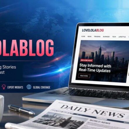 Modern newsroom workspace with laptop, microphone, newspaper, and News Lovelolablog branding banner.