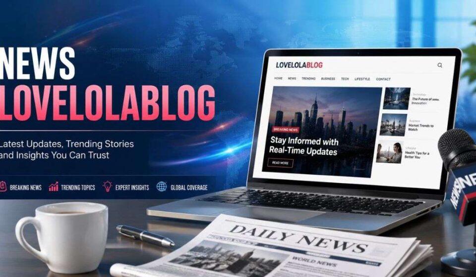 Modern newsroom workspace with laptop, microphone, newspaper, and News Lovelolablog branding banner.