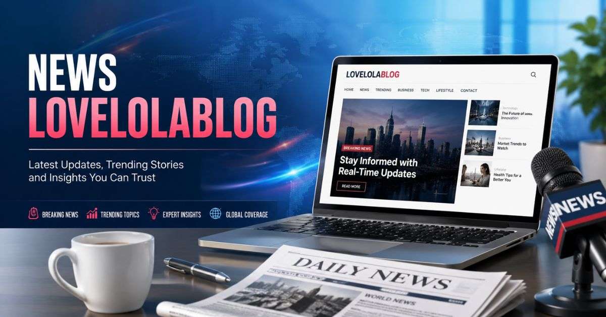 Modern newsroom workspace with laptop, microphone, newspaper, and News Lovelolablog branding banner.