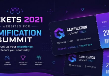 Tickets 2021 Websites for GamificationSummit banner showing digital event tickets and gaming theme
