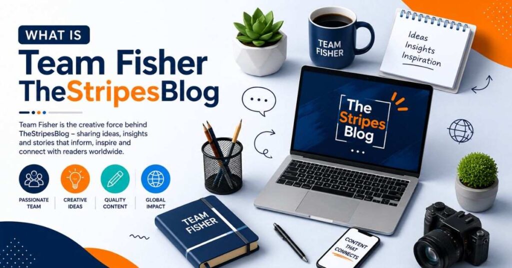What is Team Fisher TheStripesBlog illustration showing teamwork, blogging, content creation, and digital media