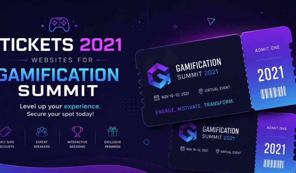 Tickets 2021 Websites for GamificationSummit banner showing digital event tickets and gaming theme