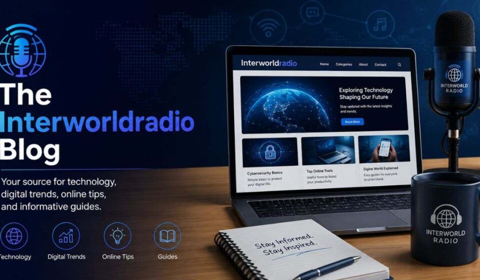 The Interworldradio Blog banner featuring technology, digital trends, online guides, and a modern podcast setup.