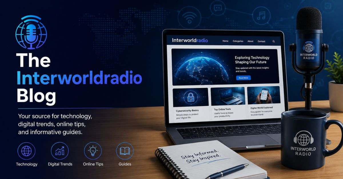 The Interworldradio Blog banner featuring technology, digital trends, online guides, and a modern podcast setup.