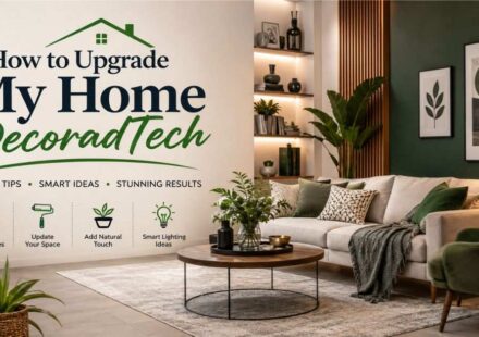 Modern smart home living room with stylish DecoradTech upgrades, smart lighting, plants, and elegant décor.