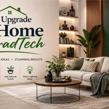 Modern smart home living room with stylish DecoradTech upgrades, smart lighting, plants, and elegant décor.