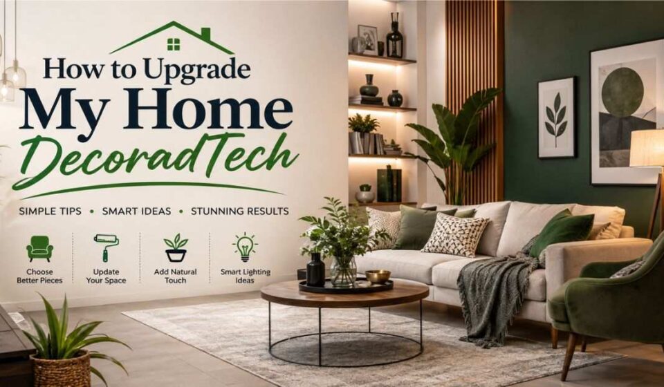 Modern smart home living room with stylish DecoradTech upgrades, smart lighting, plants, and elegant décor.