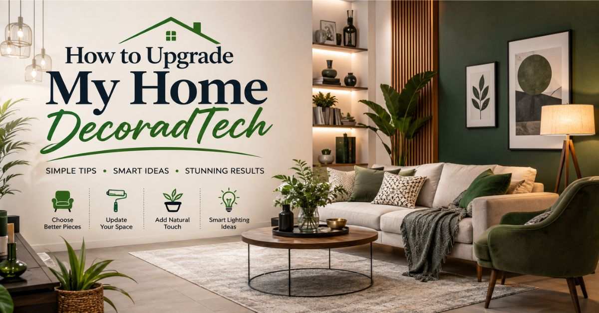 Modern smart home living room with stylish DecoradTech upgrades, smart lighting, plants, and elegant décor.