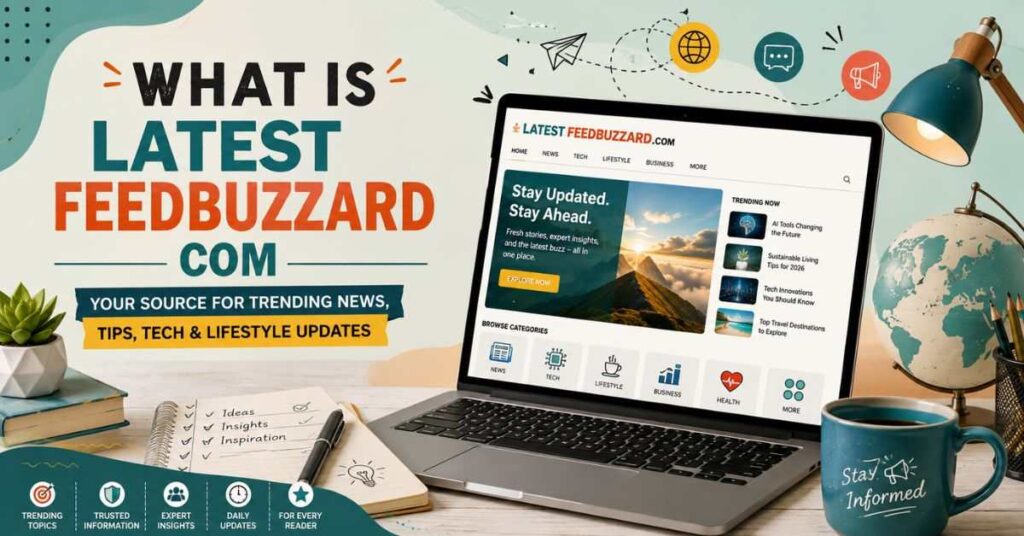 What is Latest FeedBuzzard com illustration with laptop, globe, notebook, tech icons, and news hub.