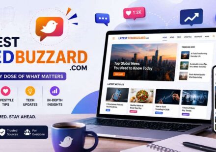 Latest FeedBuzzard com dashboard showing trending news, tech updates, laptop, smartphone, and icons.