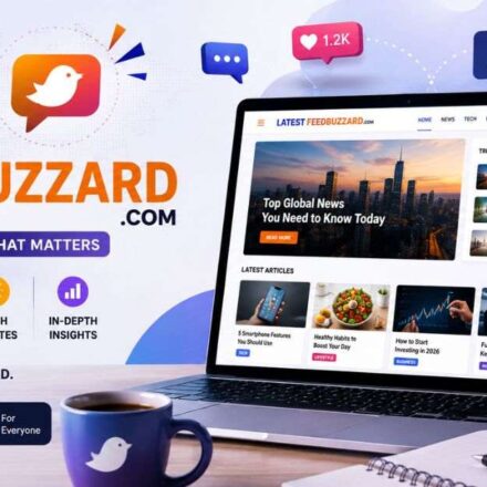 Latest FeedBuzzard com dashboard showing trending news, tech updates, laptop, smartphone, and icons.