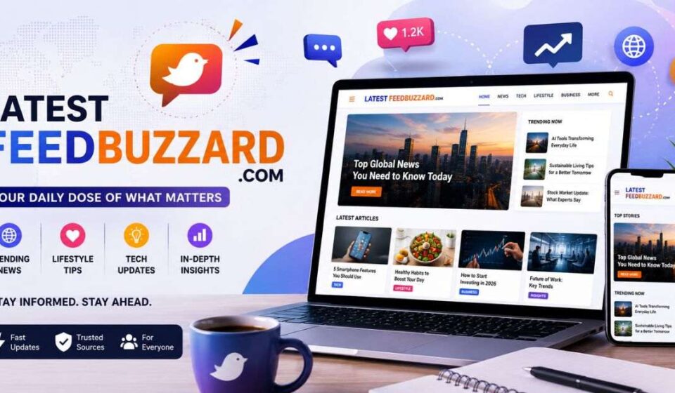 Latest FeedBuzzard com dashboard showing trending news, tech updates, laptop, smartphone, and icons.