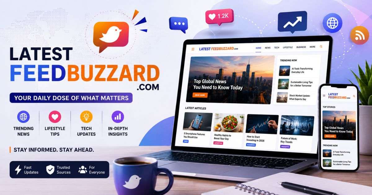 Latest FeedBuzzard com dashboard showing trending news, tech updates, laptop, smartphone, and icons.